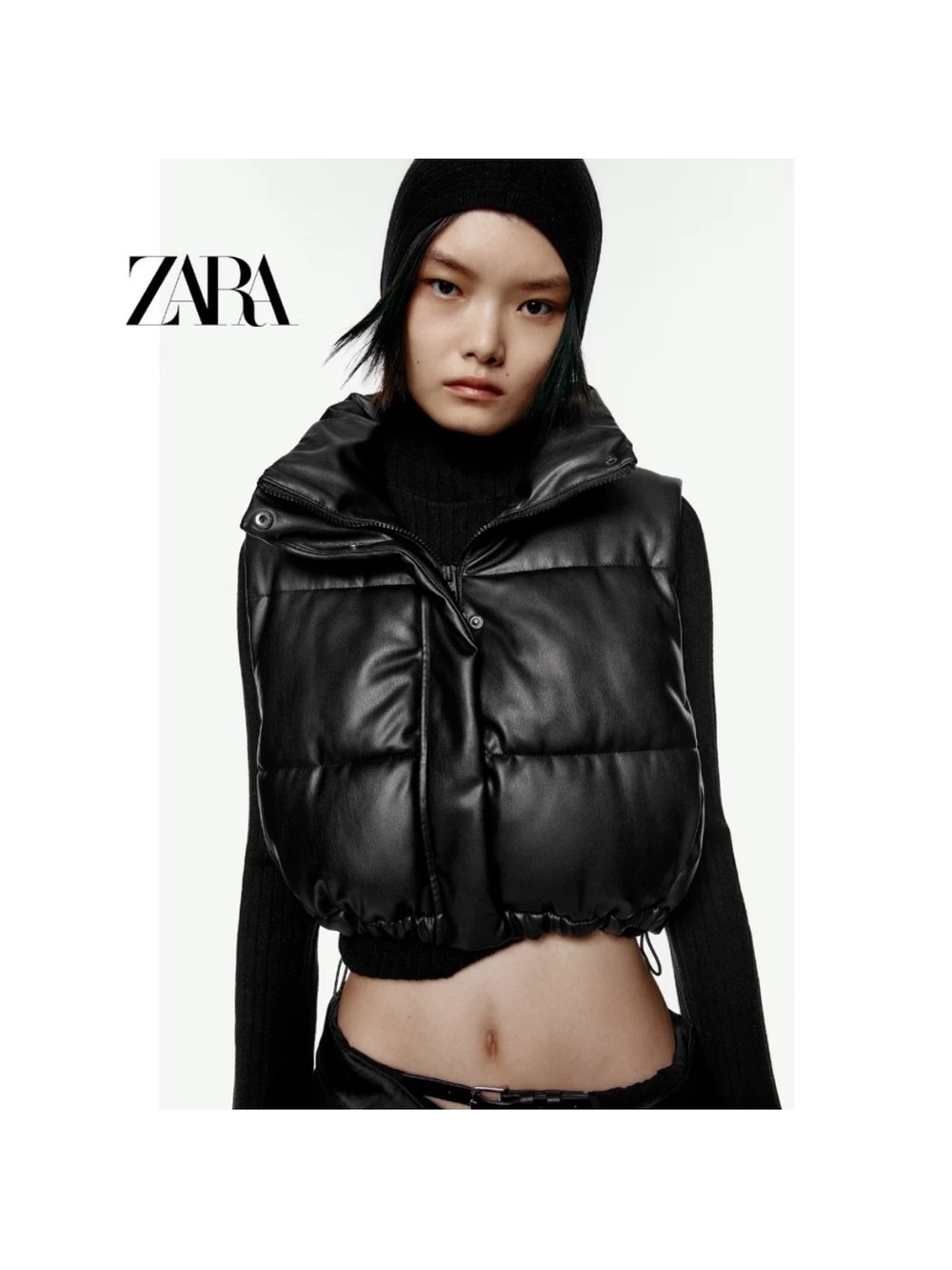 Zara Black Cropped Puffer Vest with High Collar